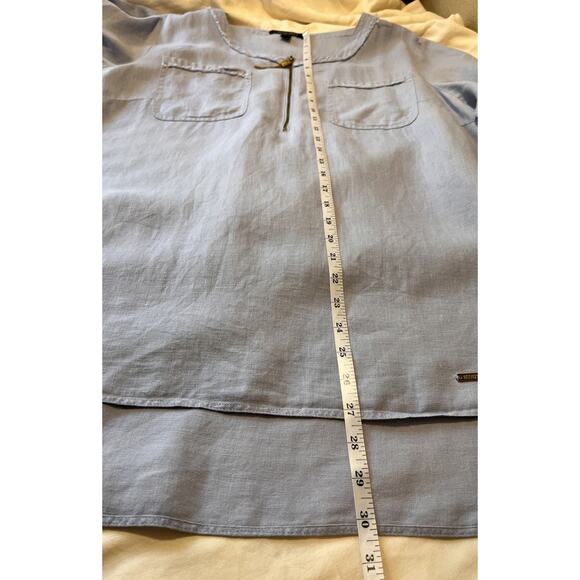Ellen Tracy Linen Top XL Blue Zip Neck Roll Tab Sleeve 100%‎ Linen Tunic Blouse - Picture 11 of 13